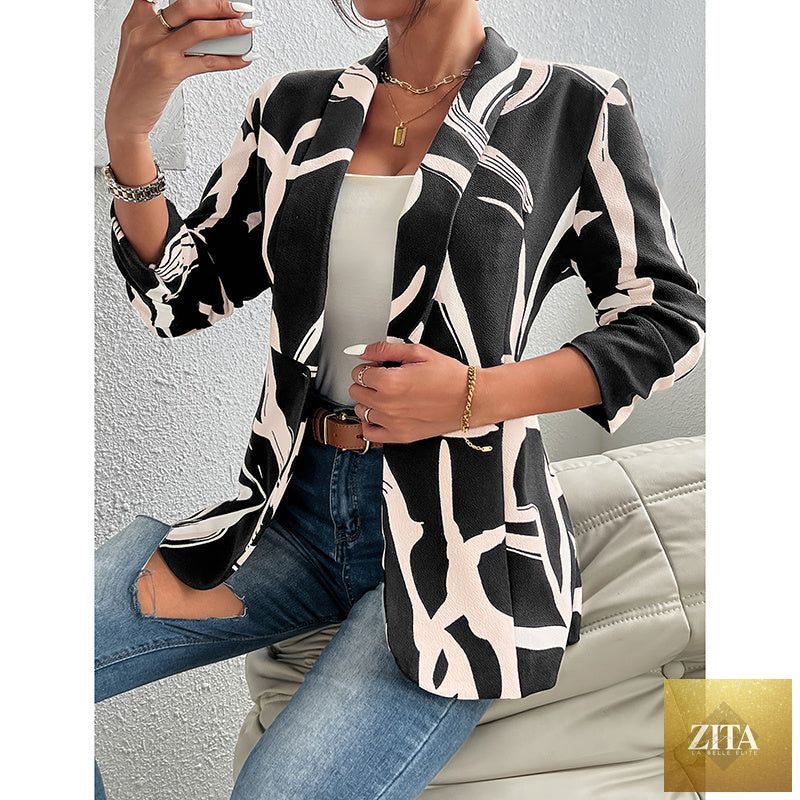 Women's abstract print blazer by FitiqueFit, long sleeve casual work jacket with button closure and stylish design.