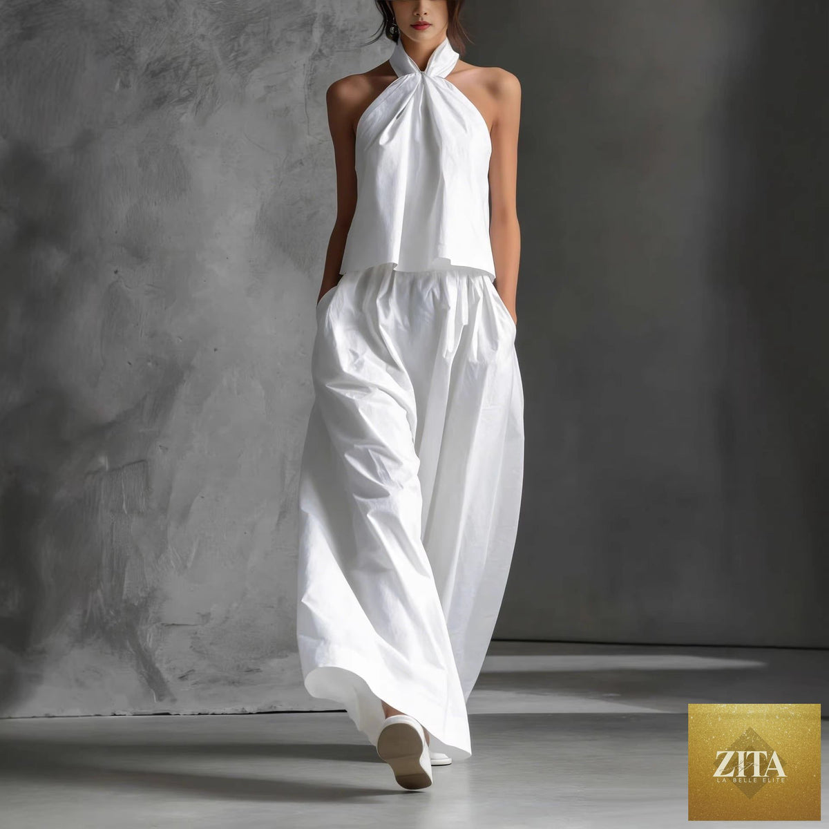 Zita La Belle Elite women's casual sleeveless top and high-waist wide-leg pants set in four colors, size S to XXL, on model.