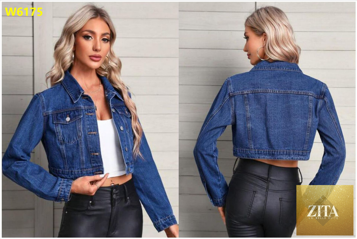 Women's long sleeve denim jacket with flip collar from FitiqueFit, stylish streetwear jean jacket in classic blue denim.
