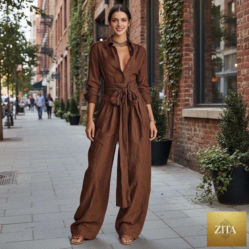 Zita La Belle Elite women's casual two-piece set with collar long sleeve top and high-waist pants in multiple colors.
