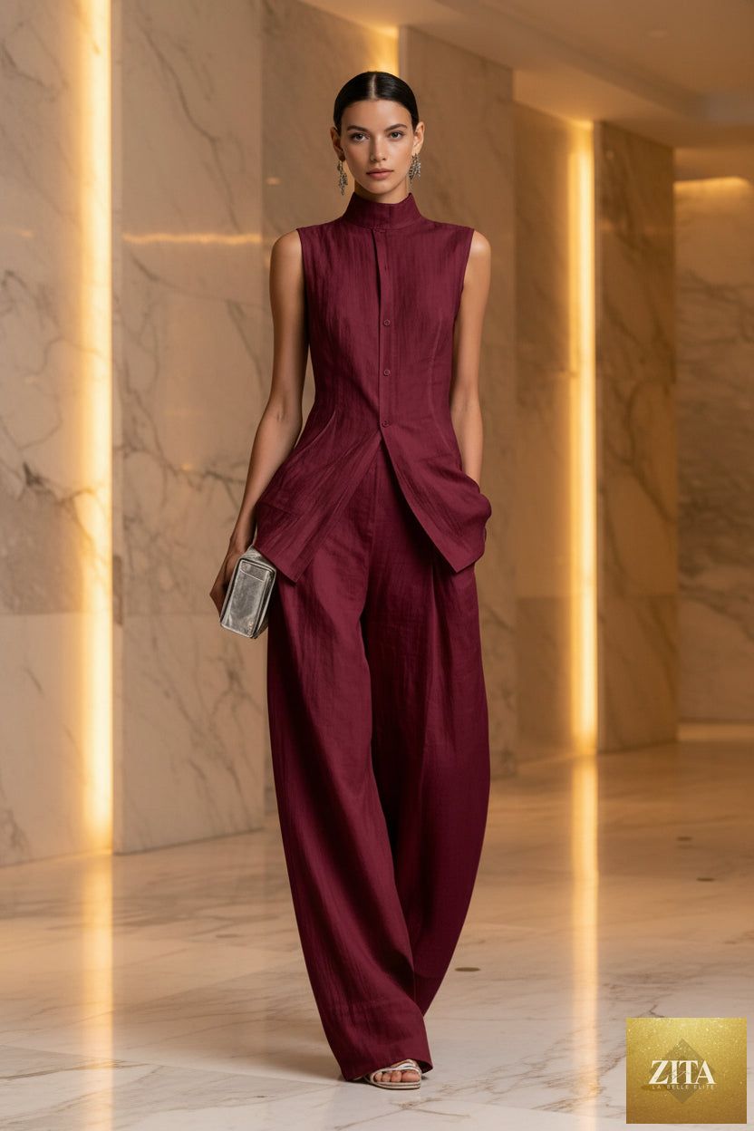Women's MERIDGE two-piece set with a stand collar longline vest top and wide-leg trousers, styled together in a casual outfit.
