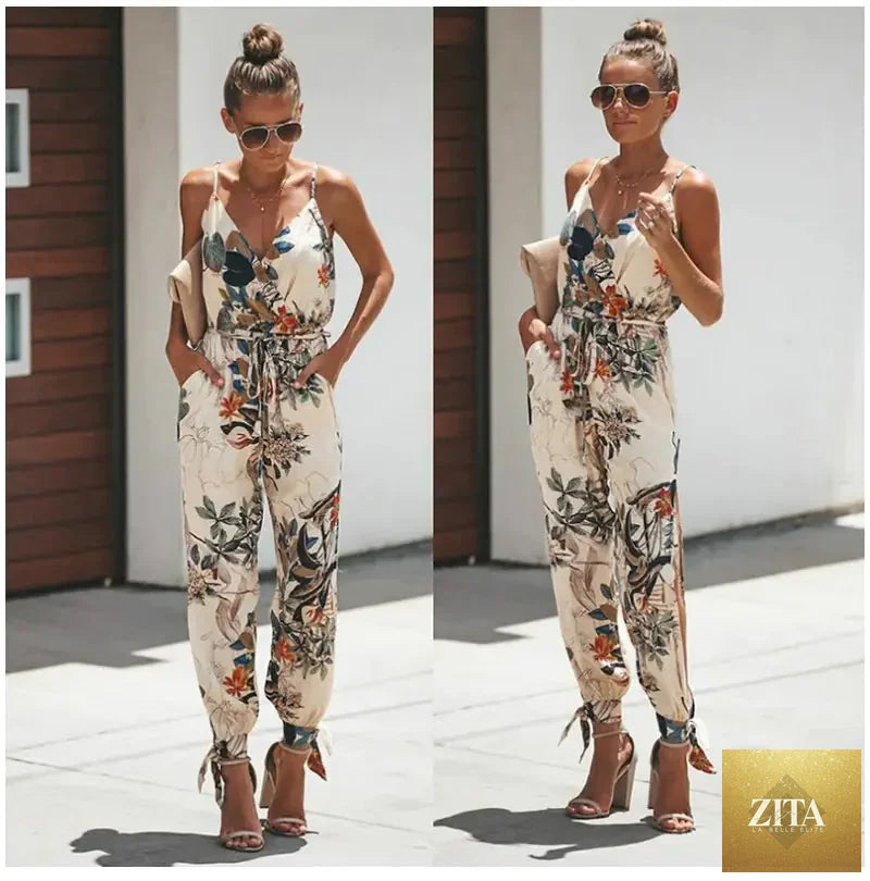 Backless floral print women's jumpsuit with slit design, stylish and comfortable, by Trendy Attic Store01.