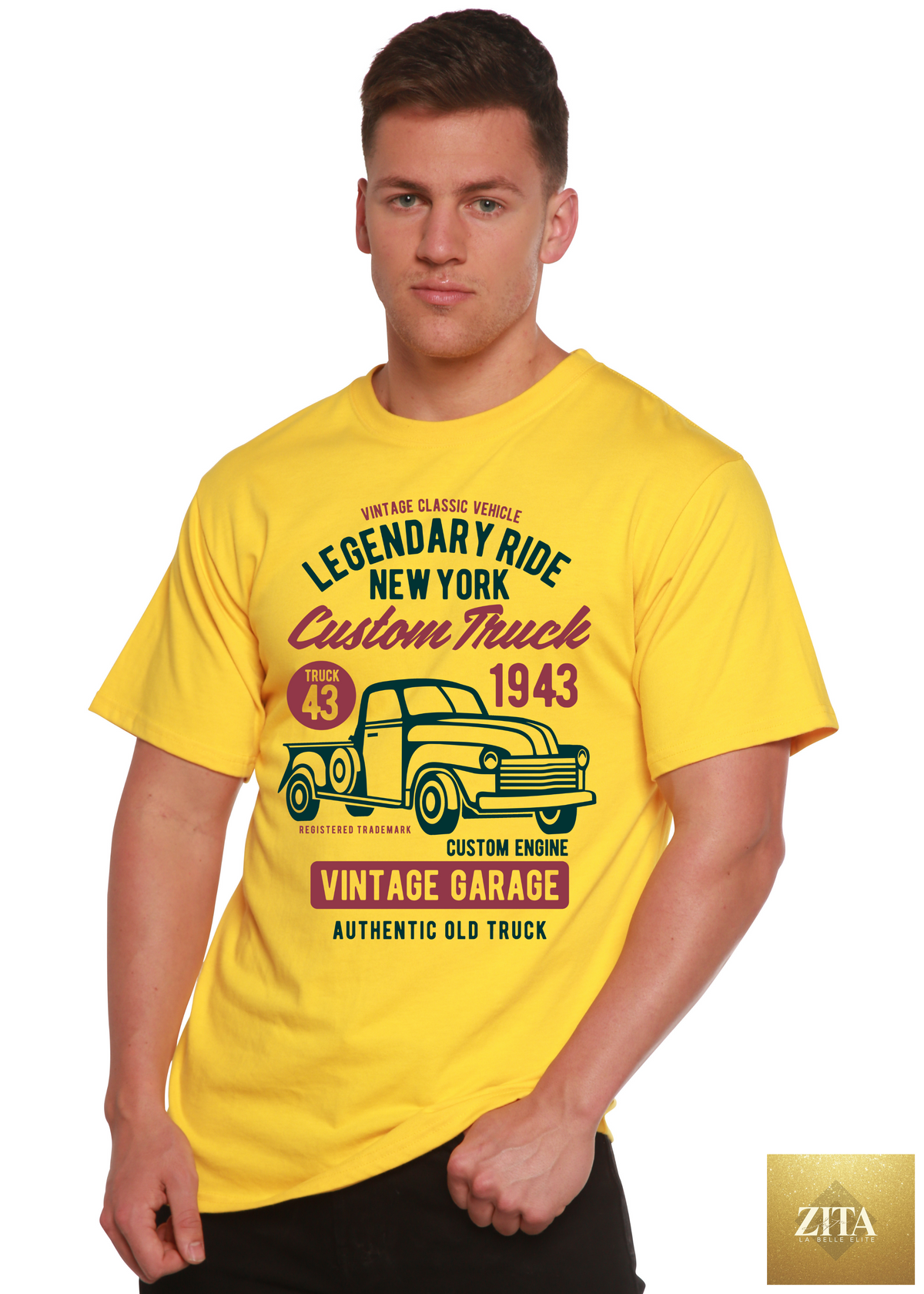 Spun Bamboo Legendary Ride Custom Truck men's bamboo viscose organic cotton graphic T-shirt with truck design and short sleeves.