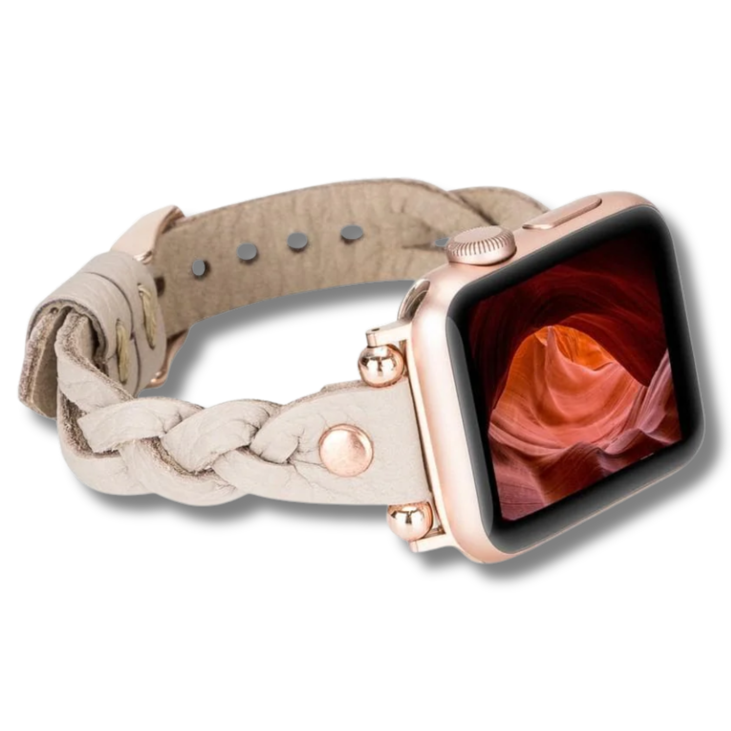 Leather Apple Watch band by LEATHERE in light beige, woven braided design for a stylish, comfortable fit.