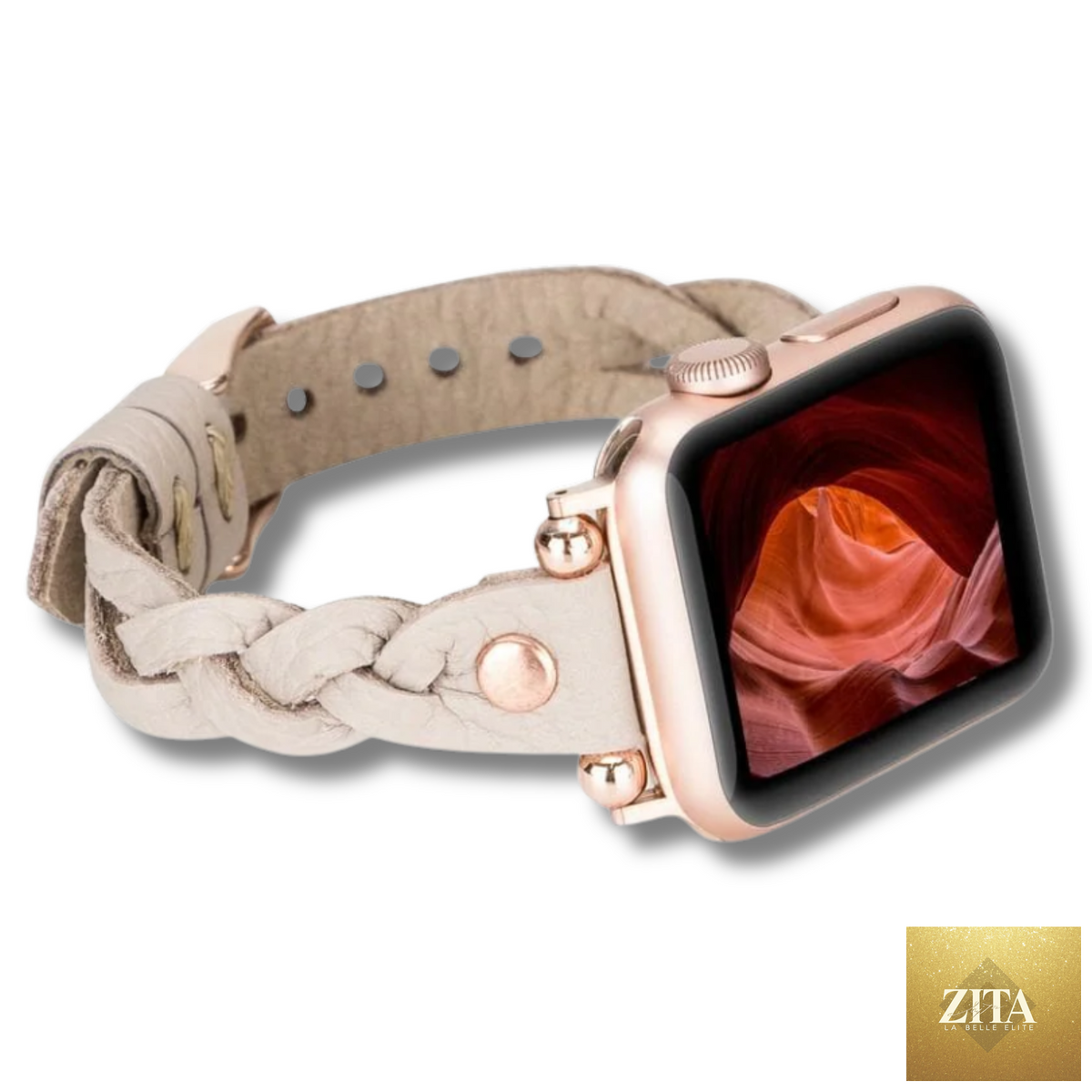 Leather Apple Watch band by LEATHERE in light beige, woven braided design for a stylish, comfortable fit.