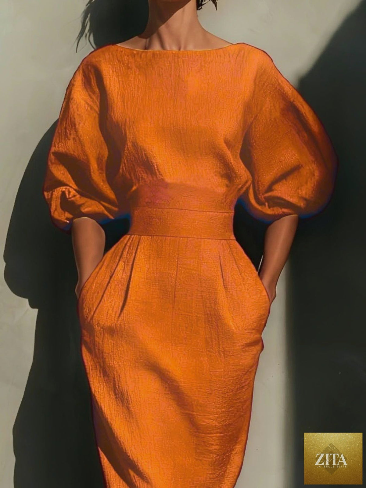 Shopiebay round neck midi dress with puff sleeves, showcasing a stylish and elegant dress design in the image.