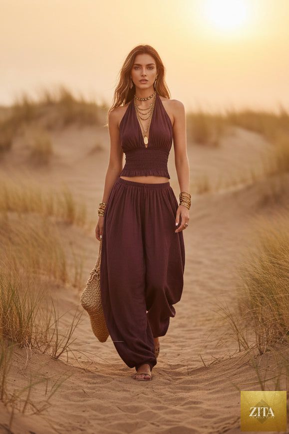 Zita La Belle Elite women's sleeveless backless halter top and wide-leg pants set displayed on a hanger.