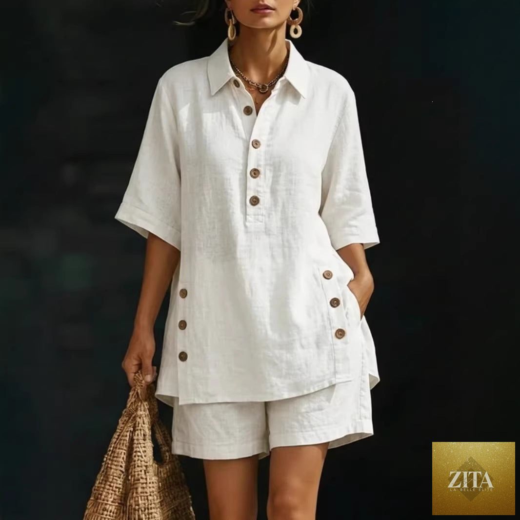 Zita La Belle Elite casual short-sleeve shirt and loose pants two-piece set in four colors, available in sizes S to 5XL