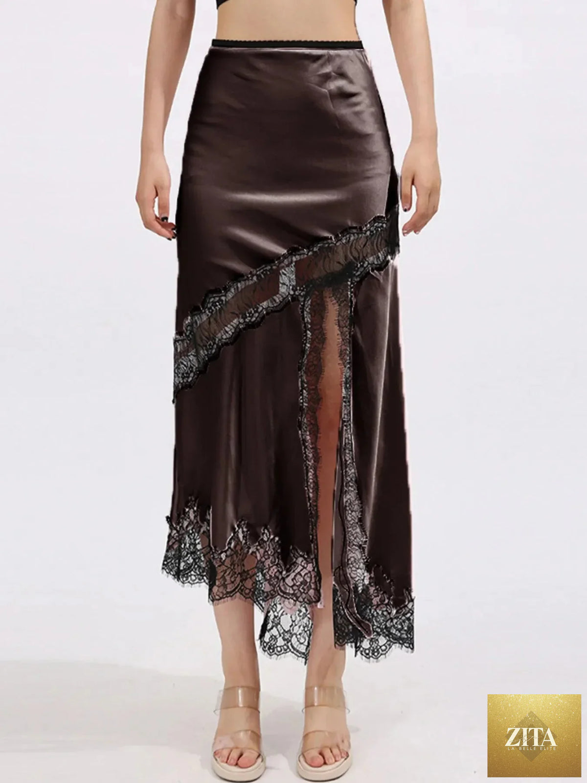 Zita La Belle Elite lace trim asymmetrical midi skirt with flowing fabric and intricate lace detailing, shown from the front.