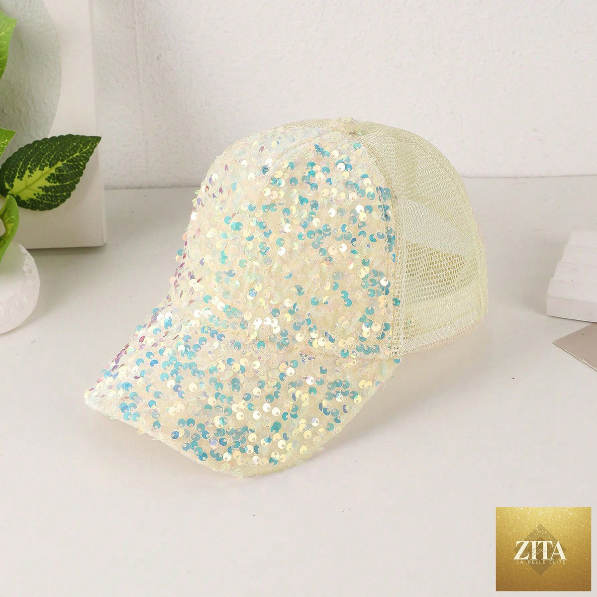 Sequin-embroidered mesh baseball cap with sunshade by Zita La Belle Elite, breathable trendy hat for casual wear.