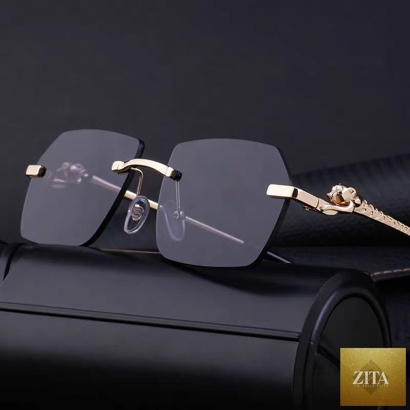 Gold frame cheetah rimless sunglasses from FitiqueFit, hip-hop style eyewear with bold, fashionable design and clear lenses.