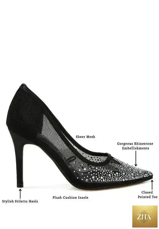 Zita La Belle Elite high ball mesh rhinestone stiletto pumps with pointed heels and sparkling embellishments.