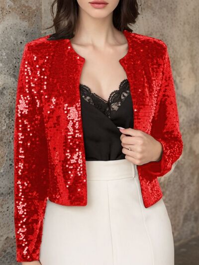 Elegant women's full-size sequin open-front cropped jacket by Stevvex, featuring glamorous sparkle for party wear.