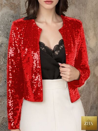 Elegant women’s full-size sequin cropped jacket with open front and glamorous sparkle, perfect for parties by Zita La Belle Elite.
