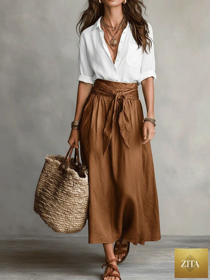 FitiqueFit button-down shirt and straight skirt two-piece set, featuring a coordinated blouse and skirt in a stylish, modern design.