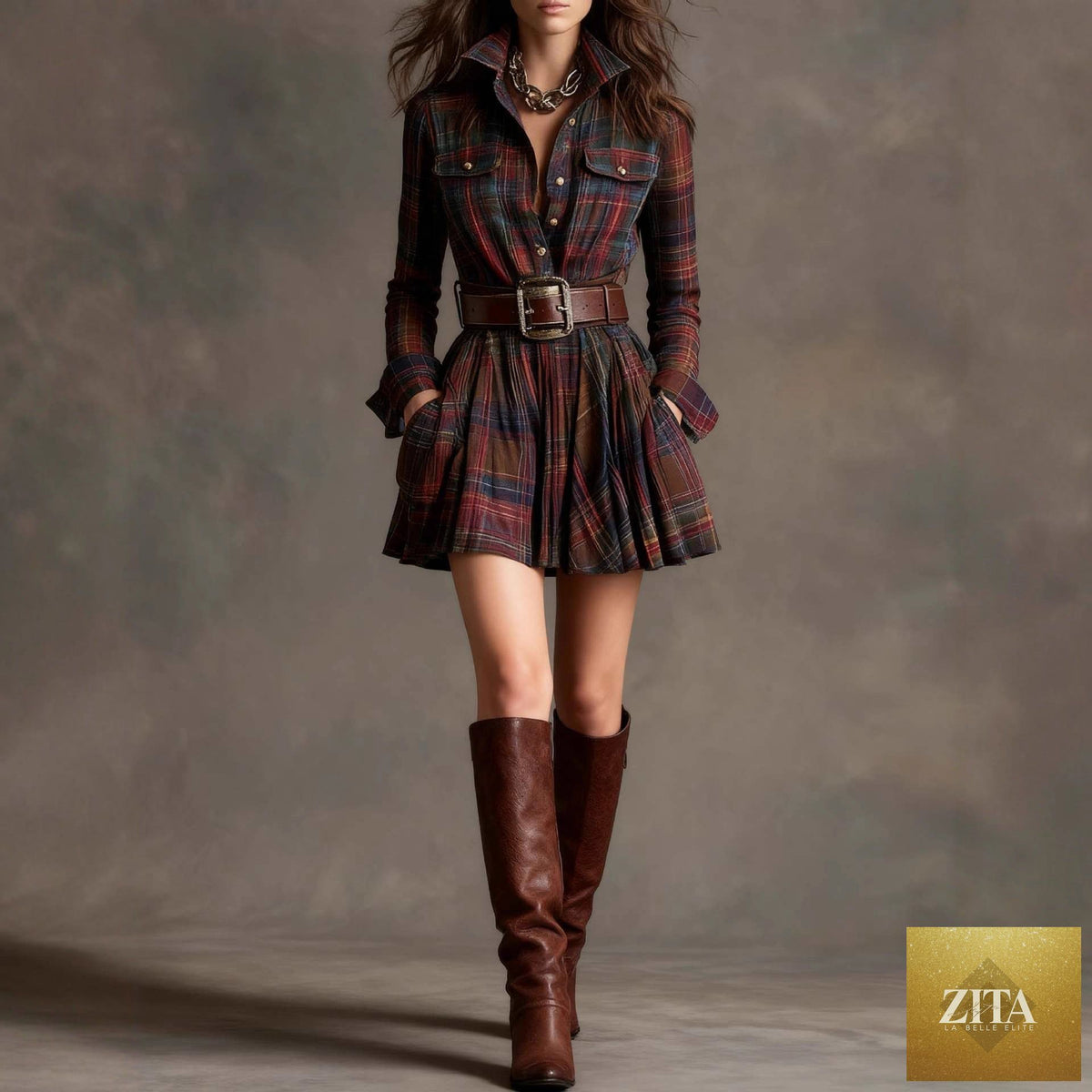 Women's plaid long sleeve mini dress by Zita La Belle Elite featuring a belted waist and elegant casualwear style.
