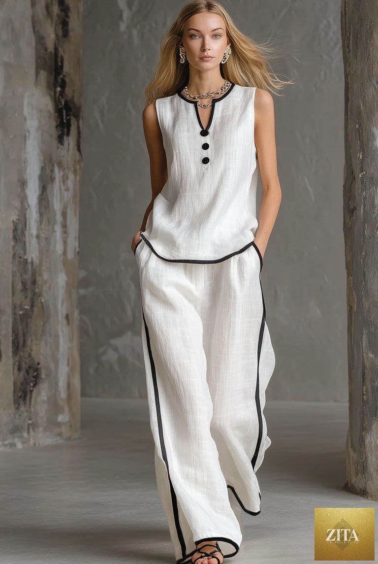 Women’s sleeveless V-neck wide-leg pants set by Zita La Belle Elite, featuring a casual sleeveless top and flowing wide-leg pants.