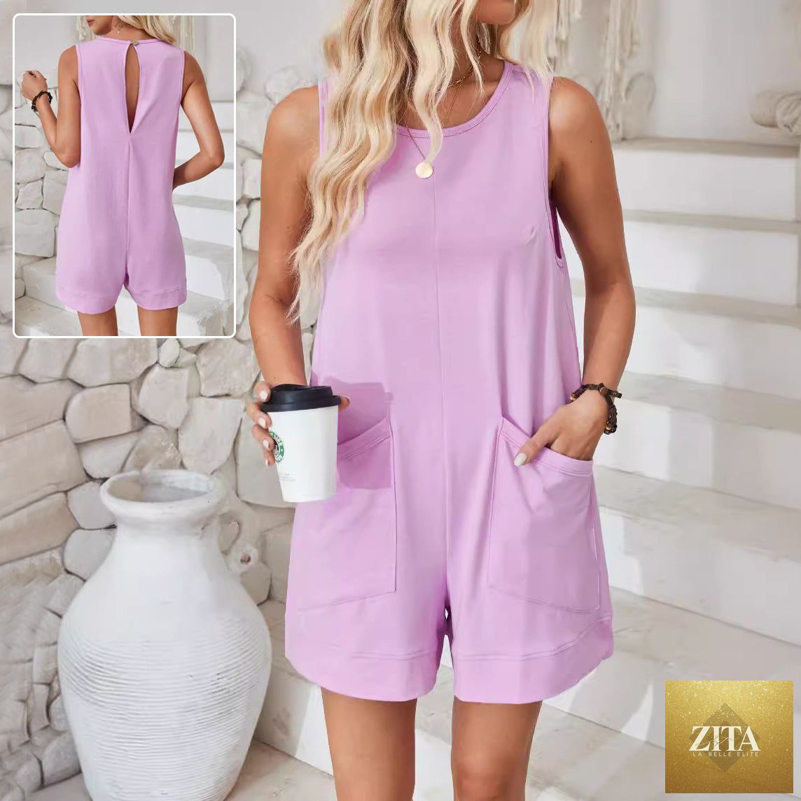 Women’s sleeveless jumpsuit with pockets, stylish summer beach shorts jumpsuit, lightweight and comfortable for warm weather.