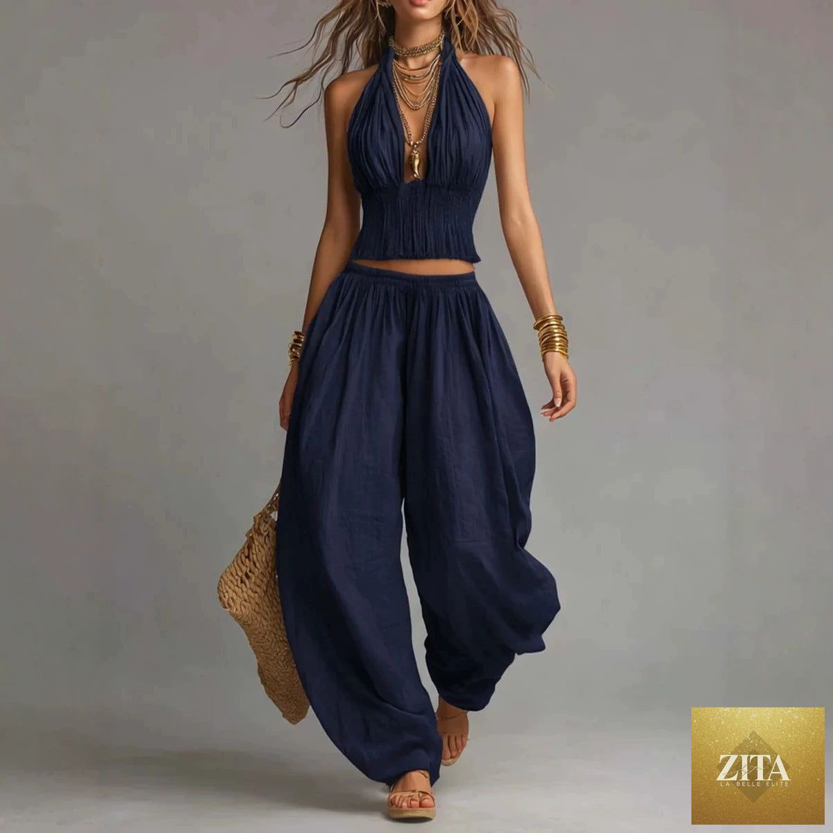 Zita La Belle Elite women's sleeveless backless halter top and wide-leg pants set, featuring stylish design and comfortable fit.