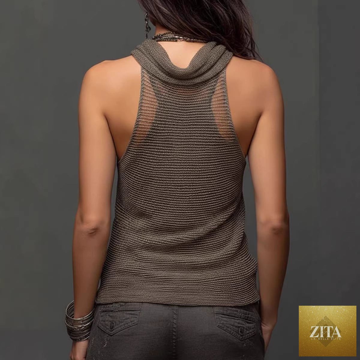 Zita La Belle Elite women's halterneck V-neck backless slim-fit knit top, casualwear, shown on a model.