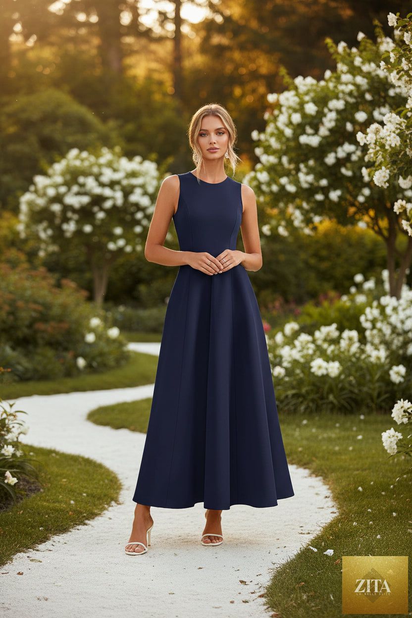 Zita La Belle Elite women's slim-fit long vest dress in an A-line high-waist sleeveless casualwear style, shown in a natural fabric look.