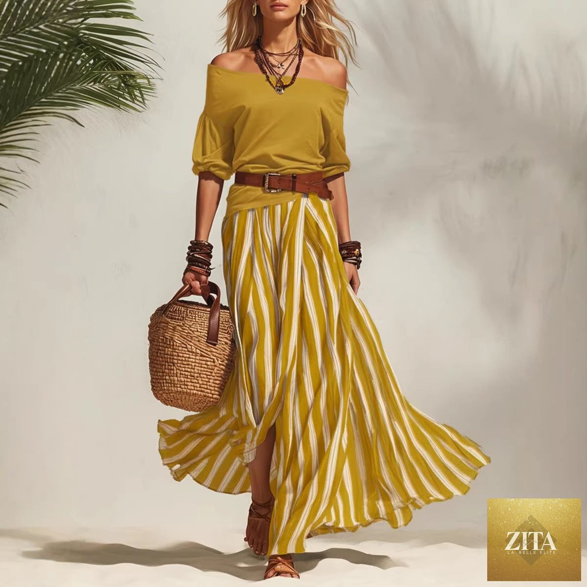 Zita La Belle Elite women's off-shoulder top and slit maxi skirt set in casualwear, featuring a stylish, relaxed fit and elegant design.