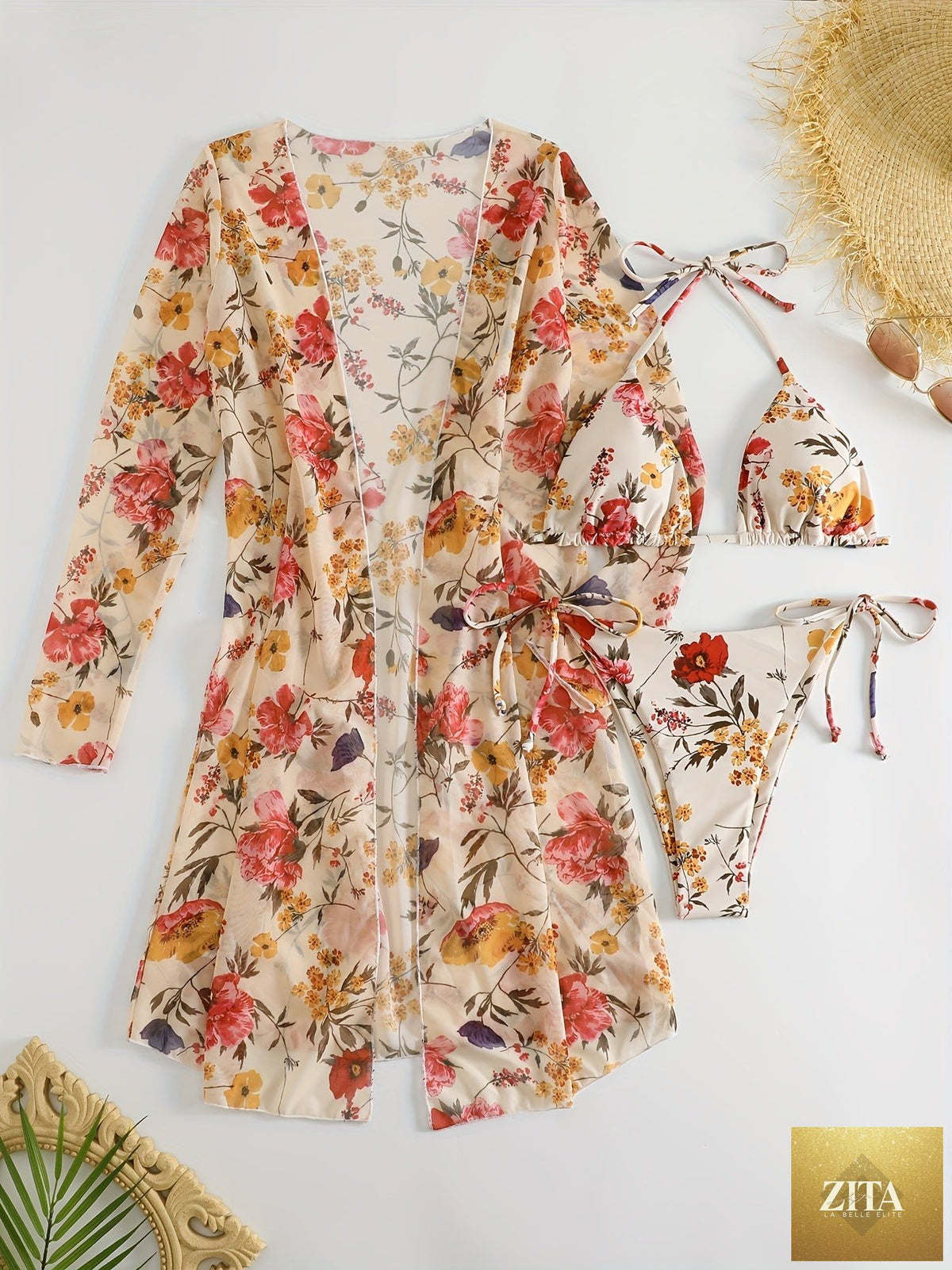 Stevvex European style floral print 3-piece bikini set with V neck, cross straps, matching long sleeve cover-up, perfect for summer beach.