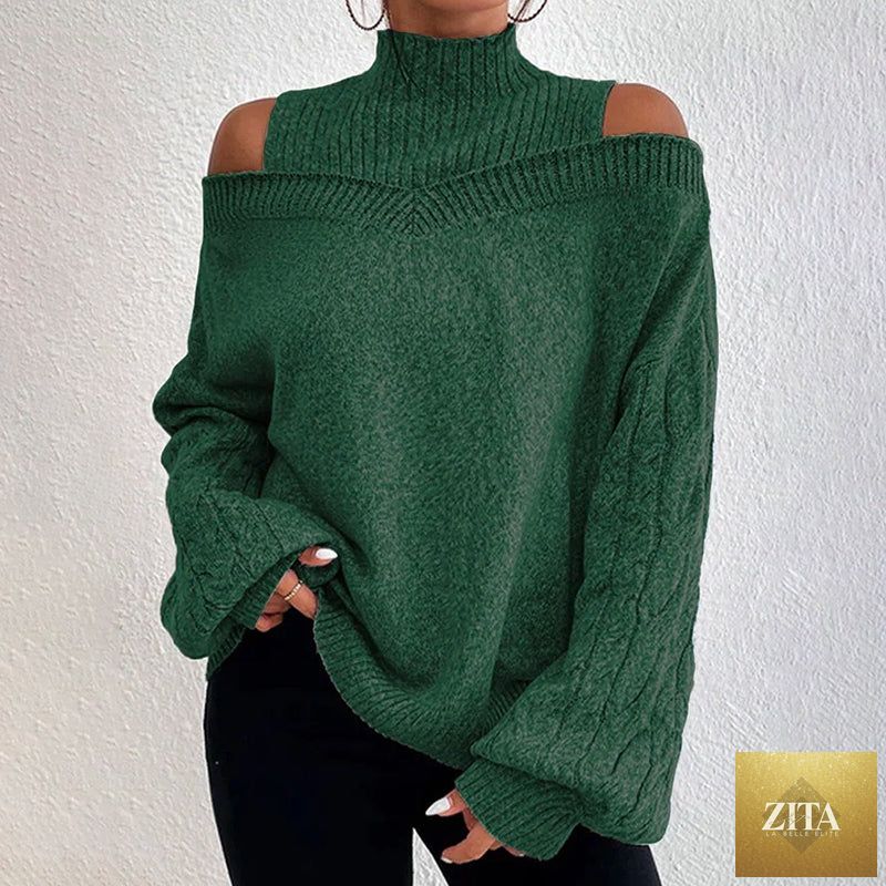 Women's cold shoulder sweater by FitiqueFit, high neck cut-out pullover with long sleeves, casual winter or fall casualwear.