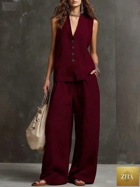 Zita La Belle Elite women's sleeveless vest and wide-leg pants two-piece casualwear set in various colors, XS to 3XL.