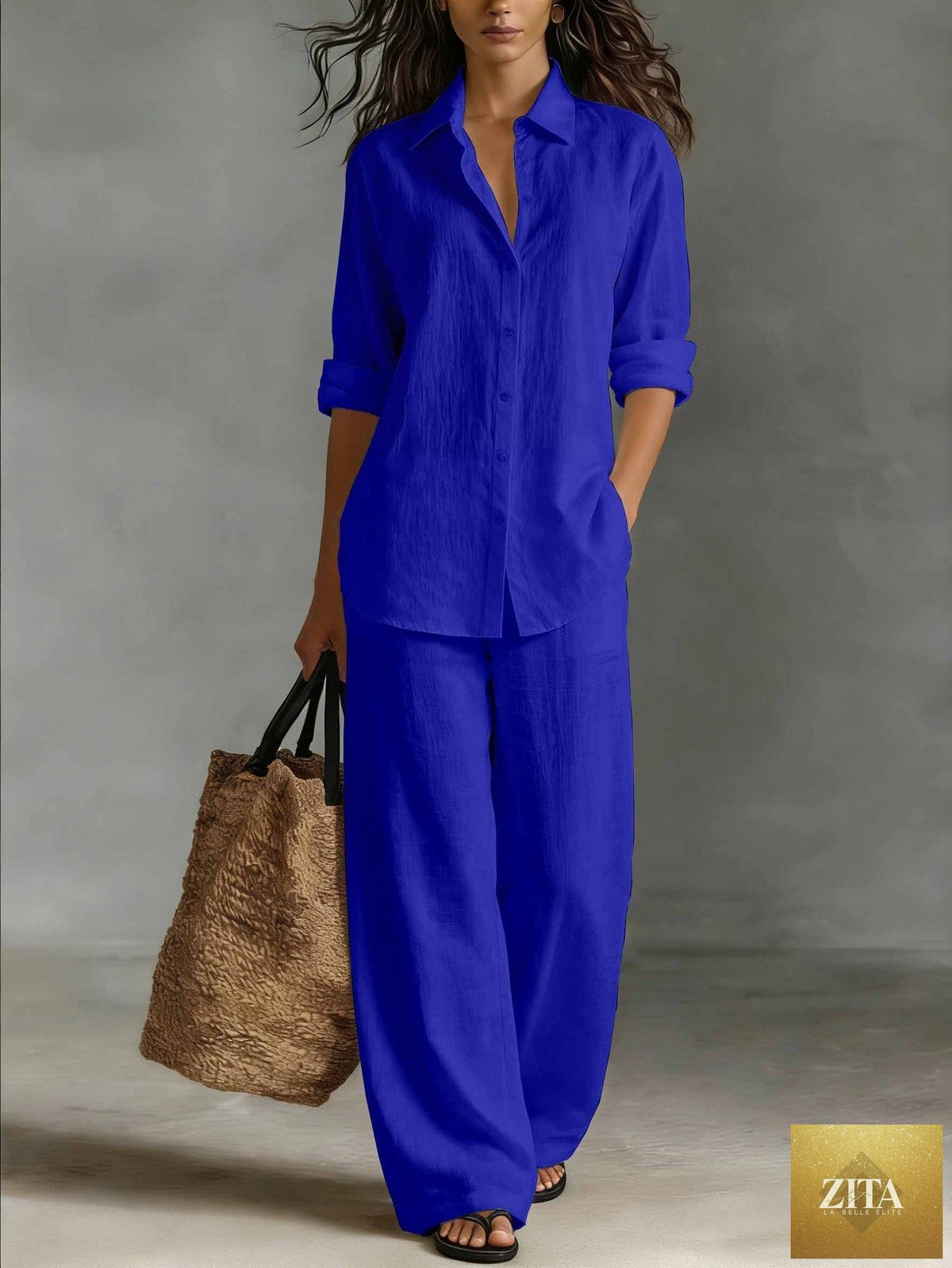 Women's Bohemian cotton-linen top and pants set by Zita La Belle Elite, featuring relaxed fit and breathable fabric for casual resort wear.
