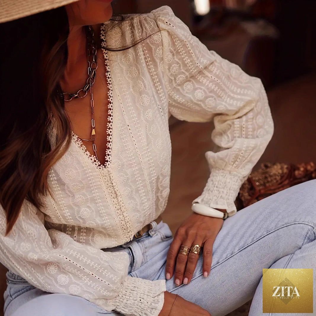 Elegant commuter-style long-sleeve V-neck shirt with lace patchwork in neutral tones, featuring a stylish and comfortable design.