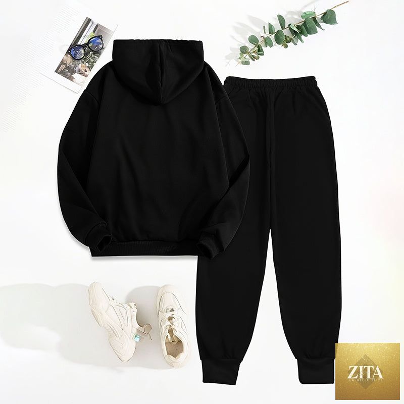 Women's solid 2-piece hoodie set by FitiqueFit with letter print, featuring a hooded sweatshirt with a front pocket and matching pants.