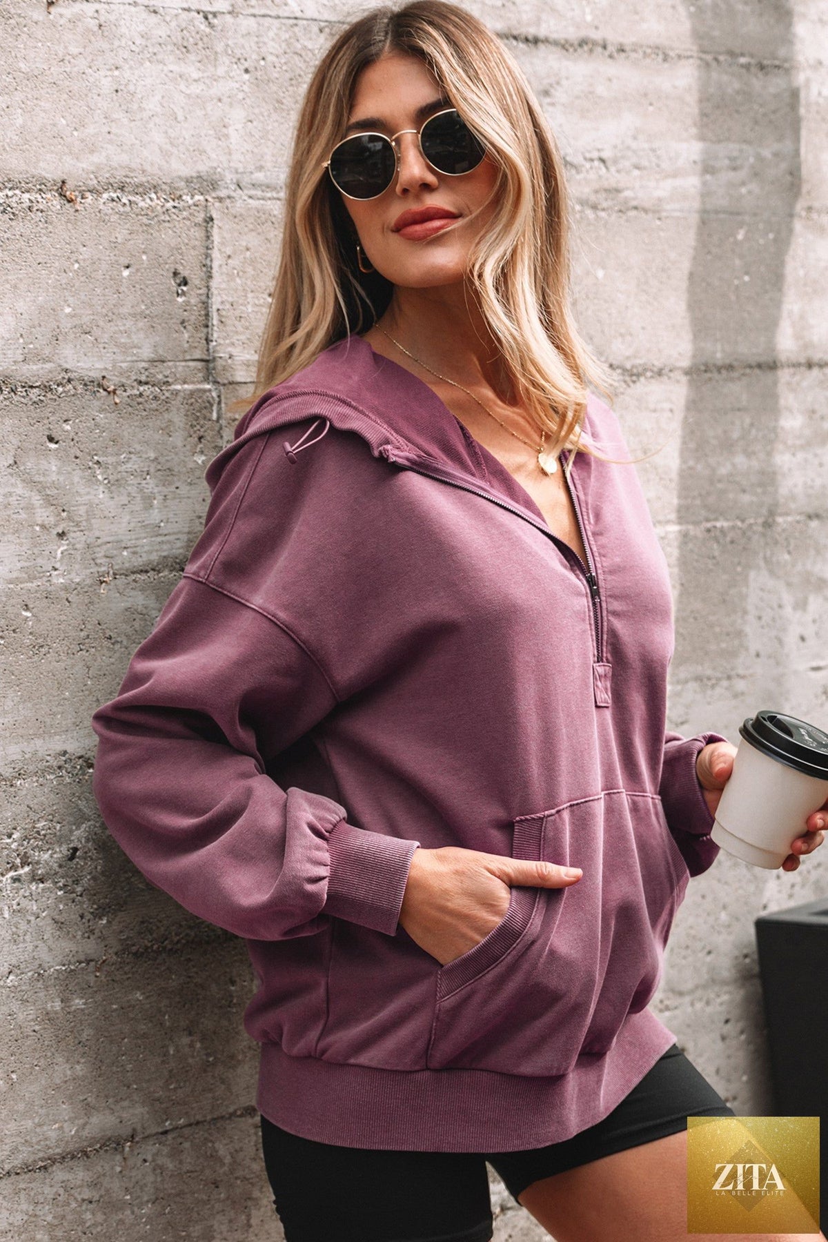 Black half zip hoodie with kangaroo pocket and mineral wash finish, from Wild and Free Boutique's collection of baggy sweatshirts.