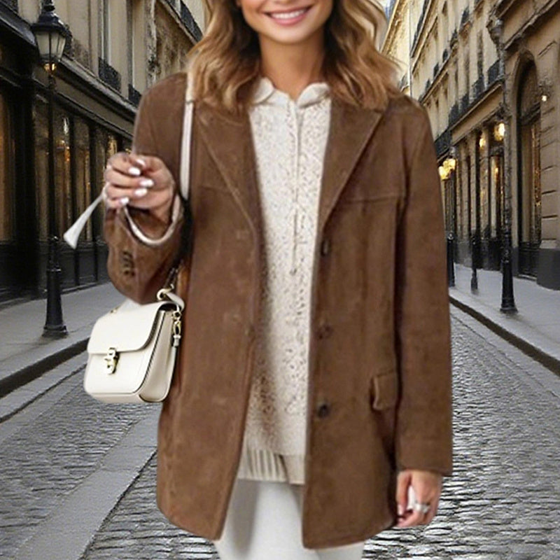 FitiqueFit suede-look blazer jacket with v-notch lapel and button-front casual coat, shown on a model.