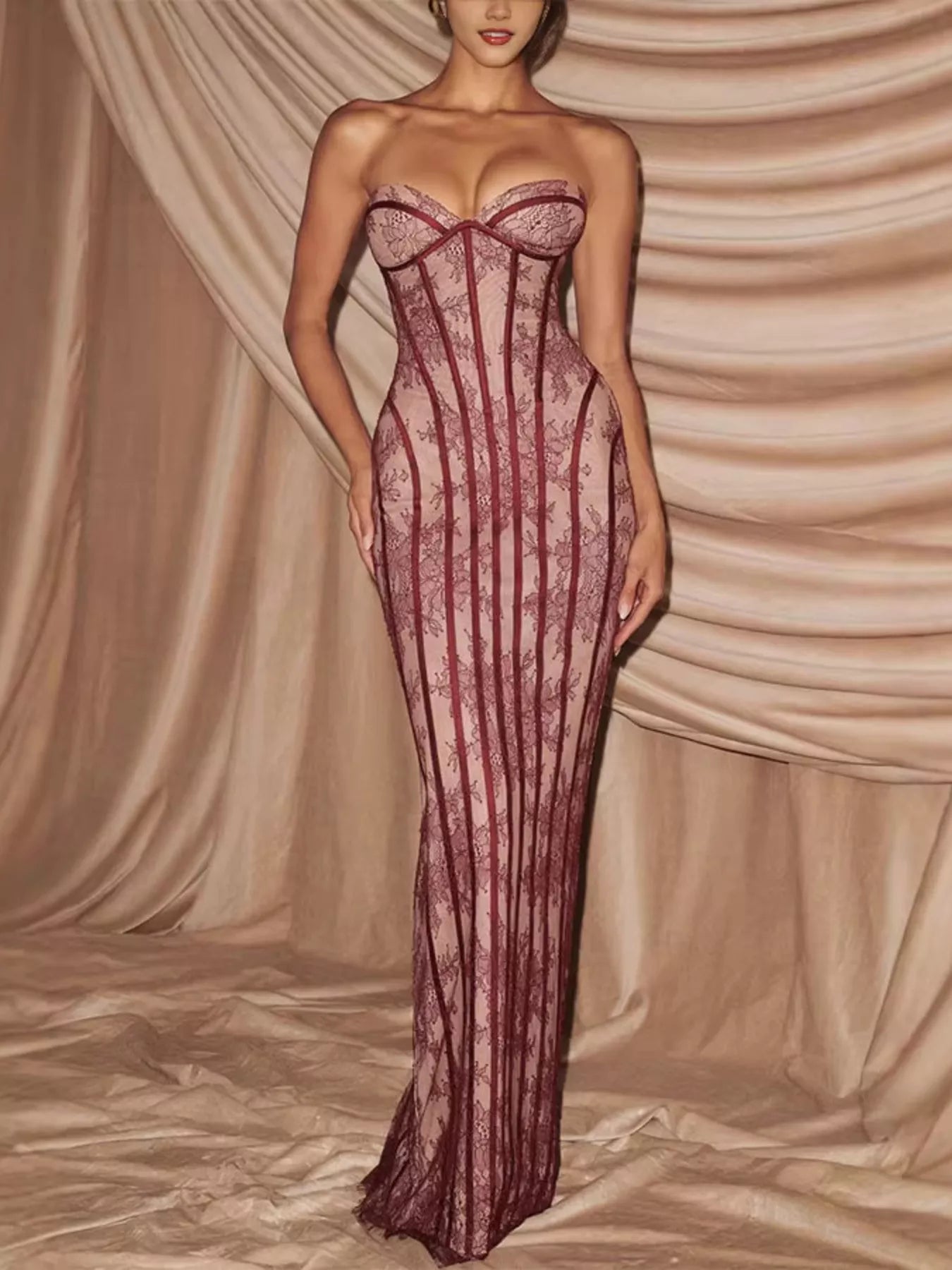Lace-up back strapless maxi dress in flowing fabric, stylish and elegant, by Shopiebay, perfect for formal occasions.