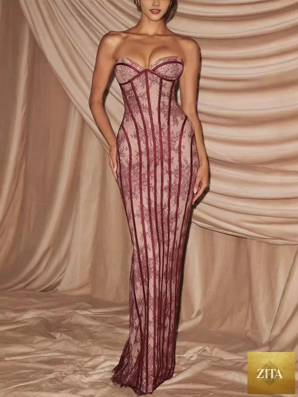 Lace-up back strapless maxi dress in flowing fabric, stylish and elegant, by Shopiebay, perfect for formal occasions.