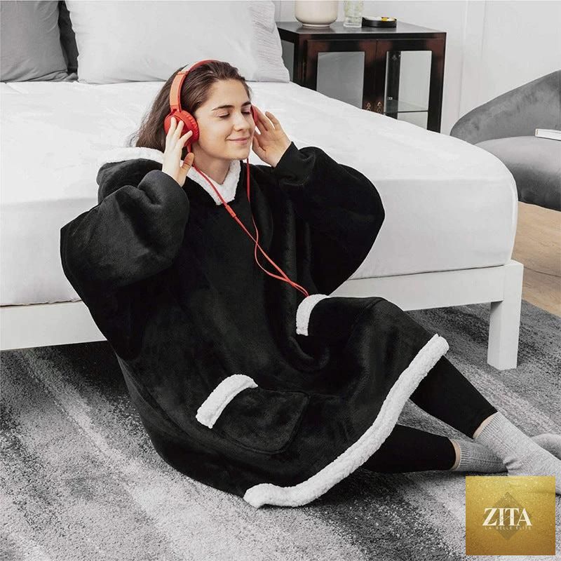 Mandotos winter TV hoodie blanket in cozy oversized style with pockets, perfect for warm home wear for women and men.