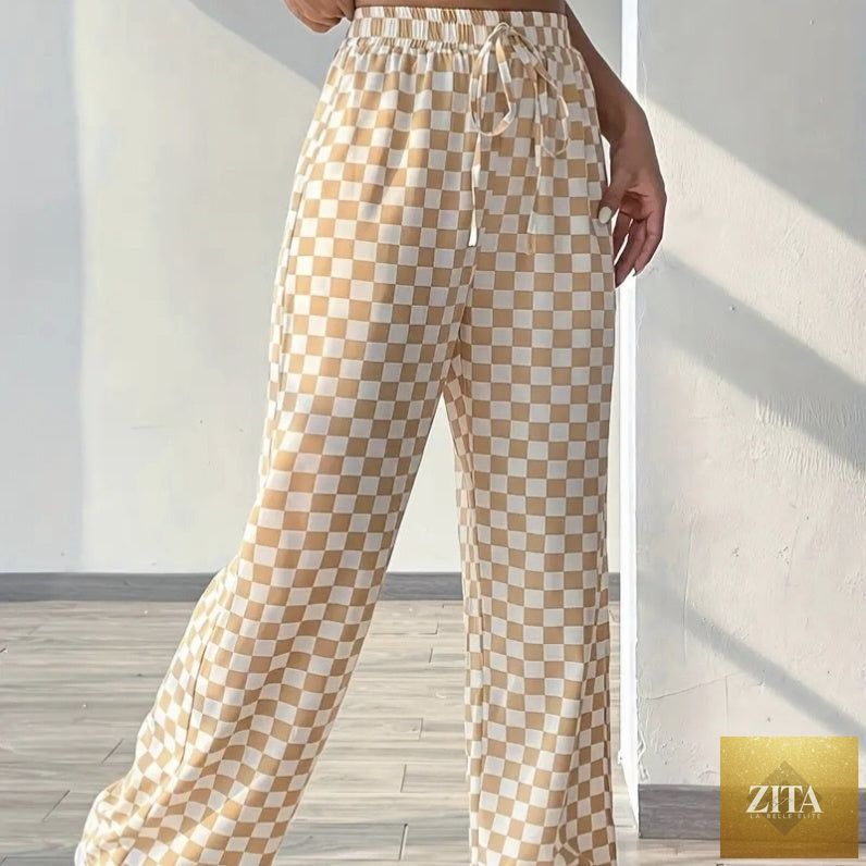 Zita La Belle Elite checkerboard high-waisted wide-leg pants in four colors, styled with a casual top and sneakers.