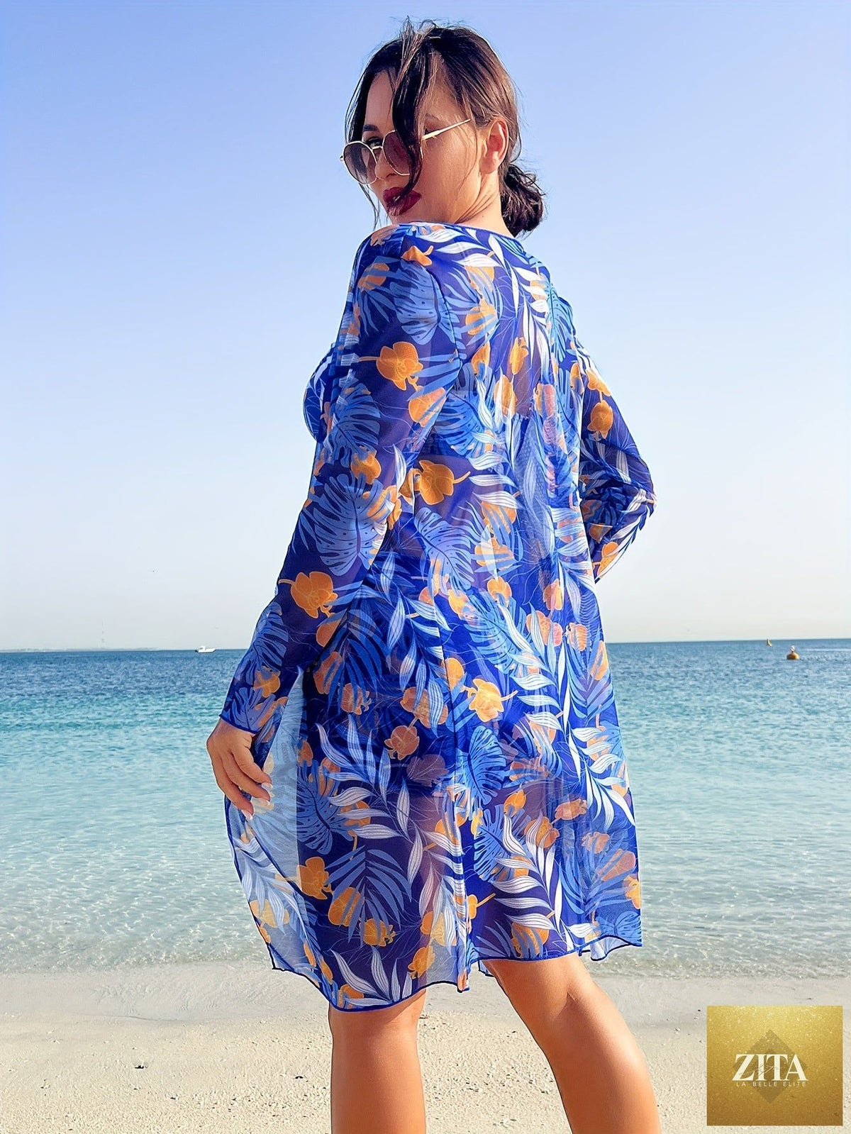 Stevvex Luxe Lines 3-piece geometric bikini set with high rise drawstring bottoms, boxer shorts, and sheer kimono cover-up for women.