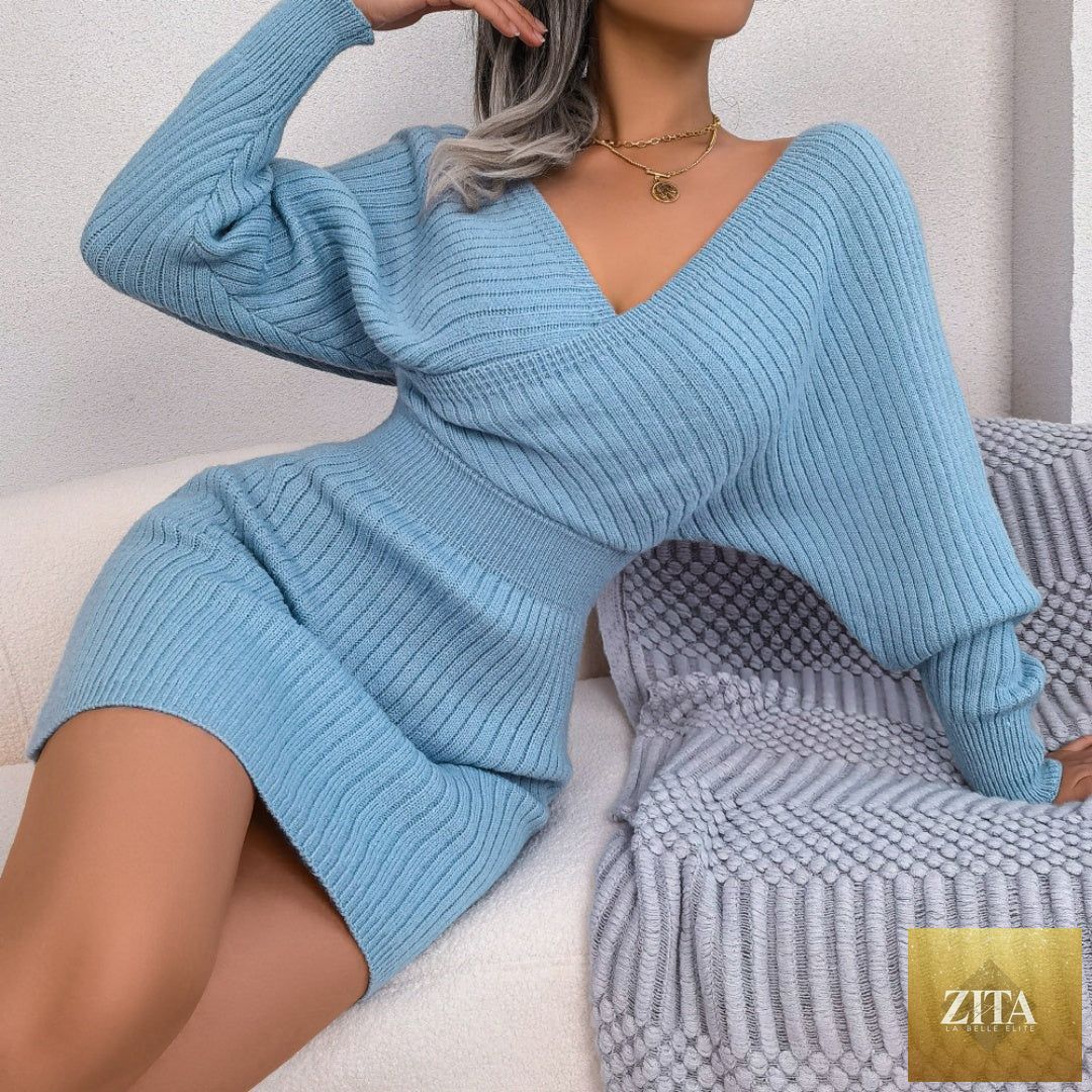 FitiqueFit Cross V-Neck Bat-Sleeve Hairy Dress, casual autumn/winter wear, featuring a V-neck, bat sleeves, and textured hairy fabric.