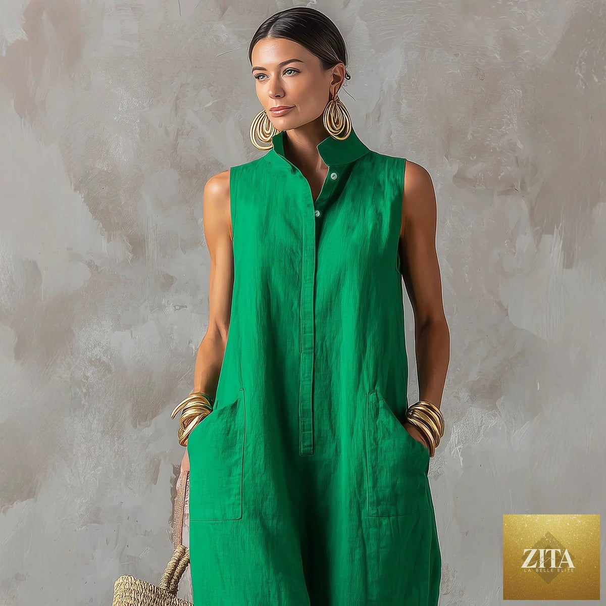 Linen blend sleeveless stand-collar jumpsuit by FitiqueFit in various colors, featuring a relaxed fit and stylish design.