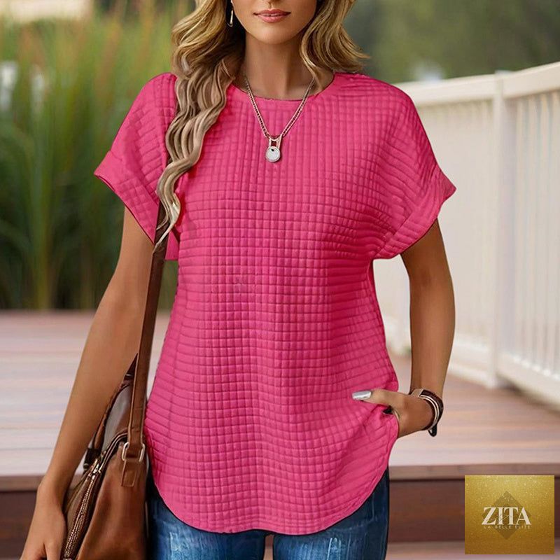 Women’s textured cuff short-sleeve tee by FitiqueFit, casual wear with a stylish textured fabric and relaxed fit.