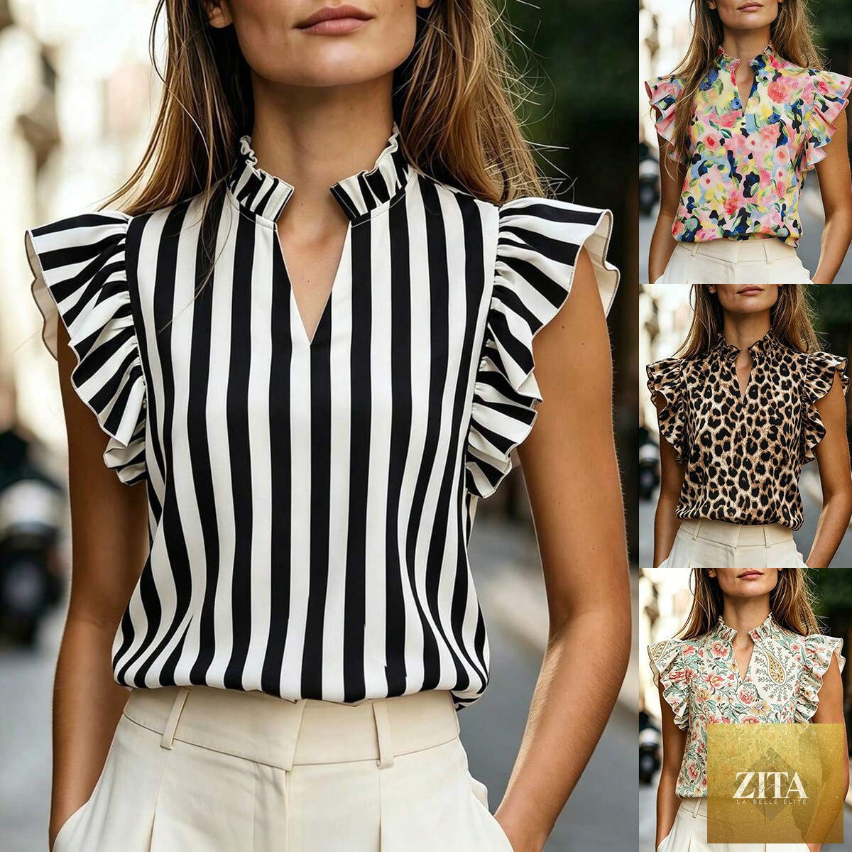 Women's retro sleeveless top with ruffle trim and printed design by Zita La Belle Elite, featuring a stylish vintage-inspired look.