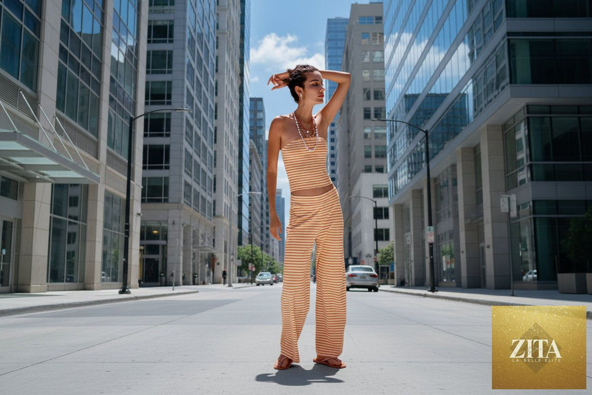 Zita La Belle Elite women's striped tube top and matching pants set in modal, casualwear, with a fitted crop top and high-waisted pants.