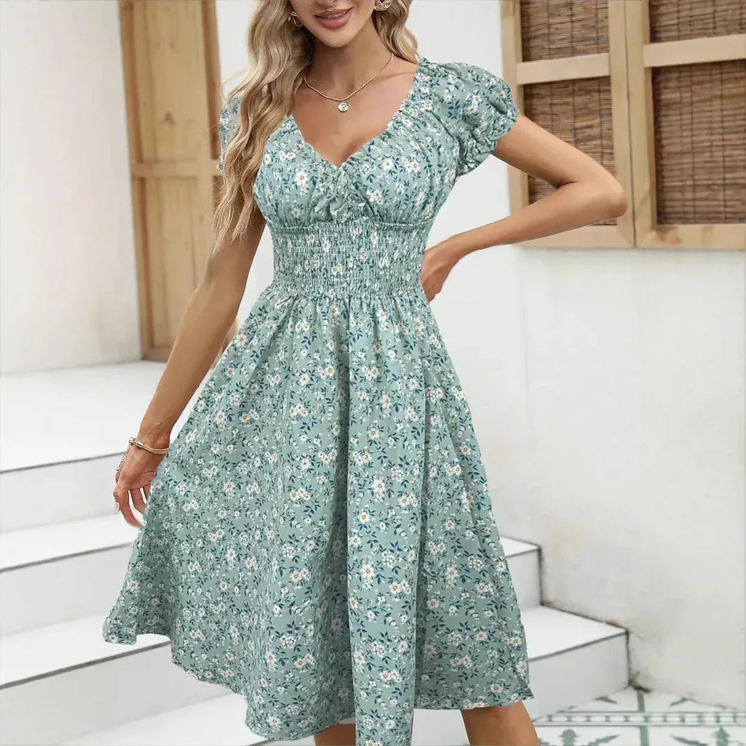 Vintage Floral Puff Sleeve French Dress