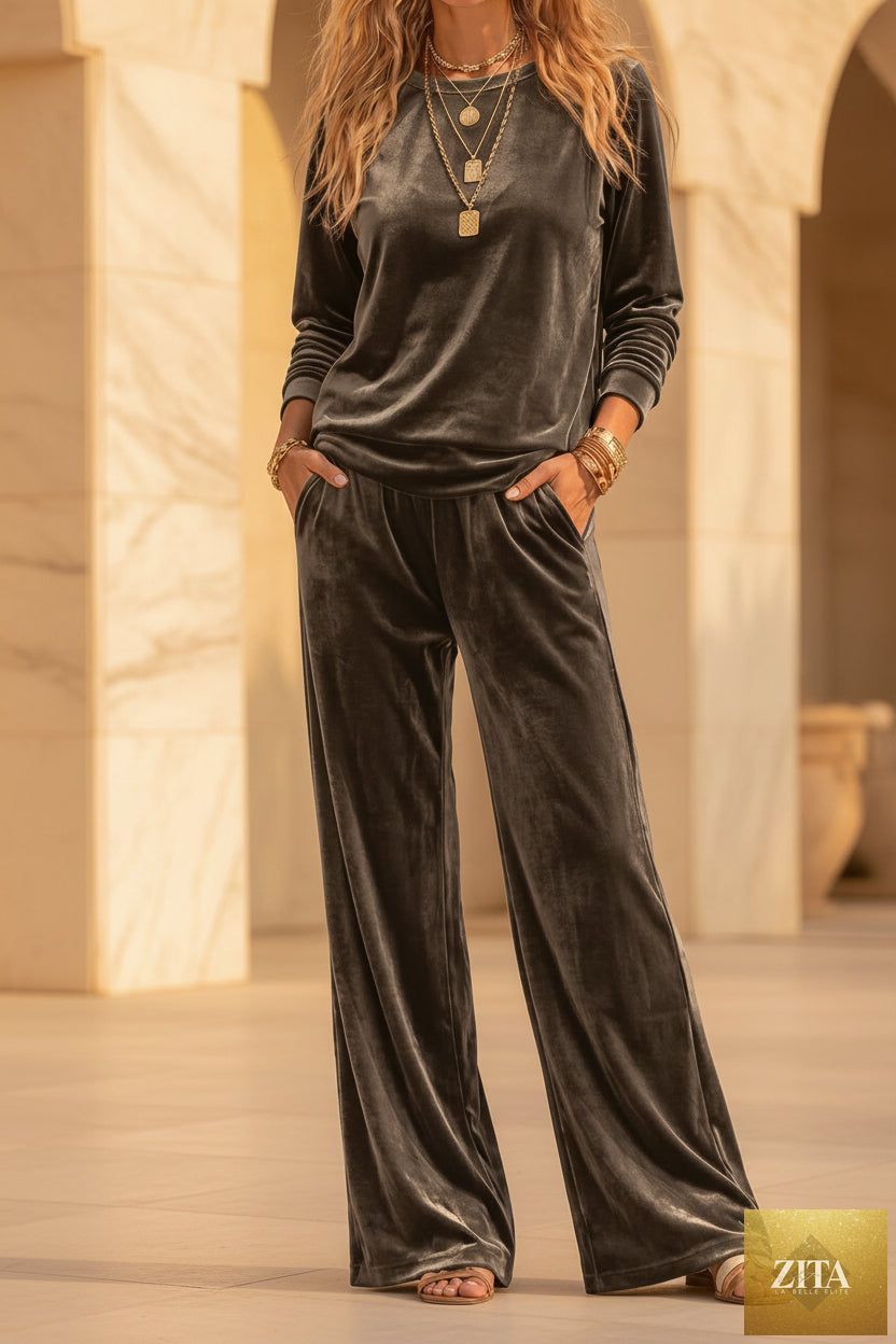 Women's Velvet Two-Piece Lounge Set – Round Neck Top & Wide-Leg Pants