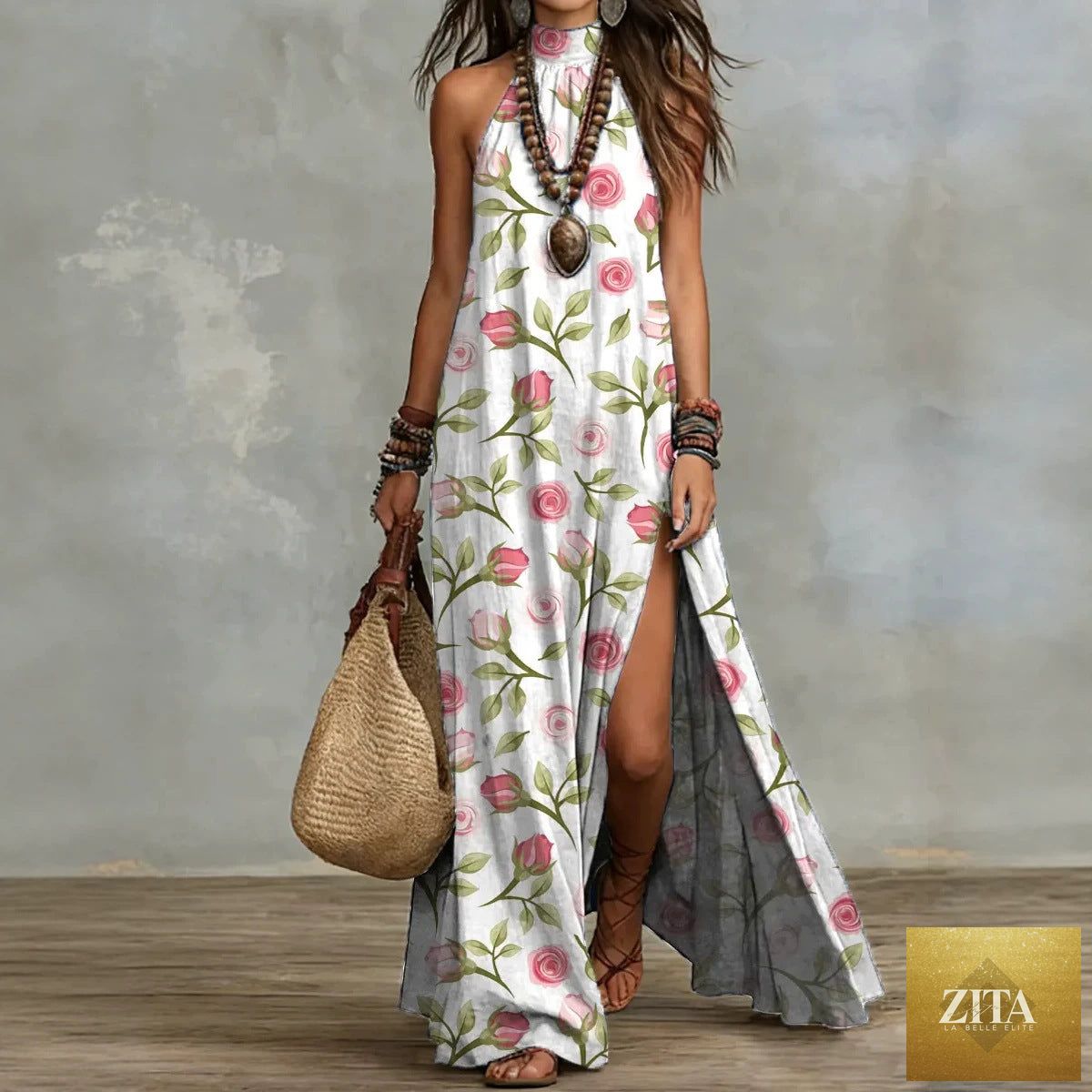 Women's sleeveless floral print maxi dress by Zita La Belle Elite with a split front and flowing silhouette.