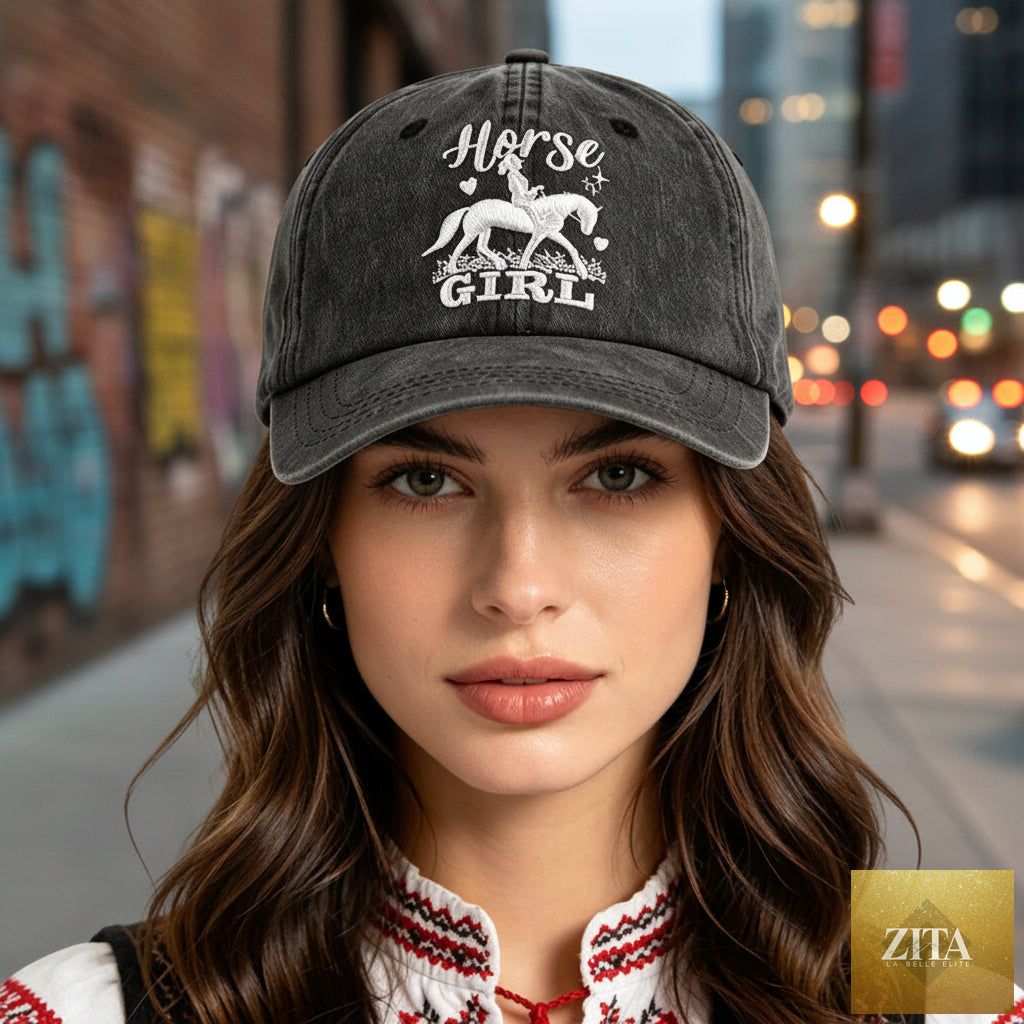 Horse Girl embroidered vintage washed baseball cap by Zita La Belle Elite, adjustable equestrian hat with classic design.