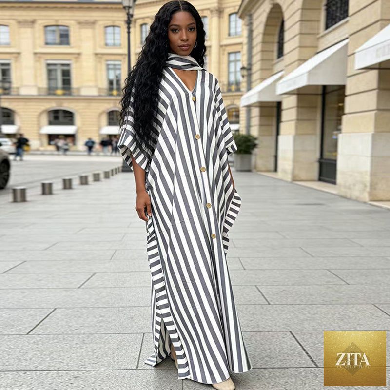 African-inspired striped loose long dress by FitiqueFit, one size, available in seven vibrant colors, featuring a flowing silhouette.