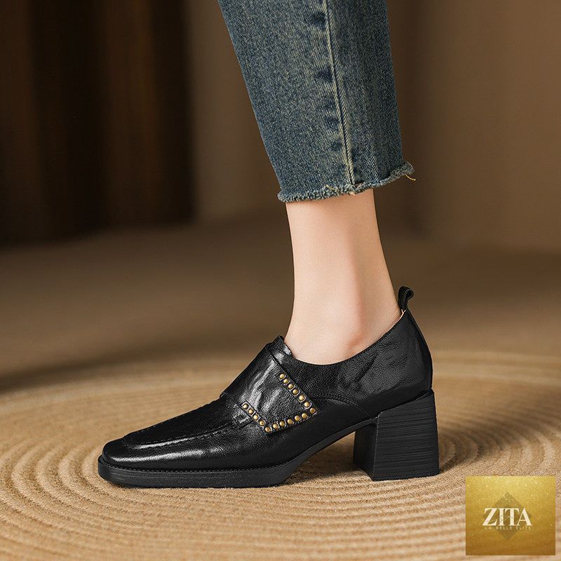 Women's British style square toe chunky heel pumps by Zita La Belle Elite with deep vamp and studded detailing.